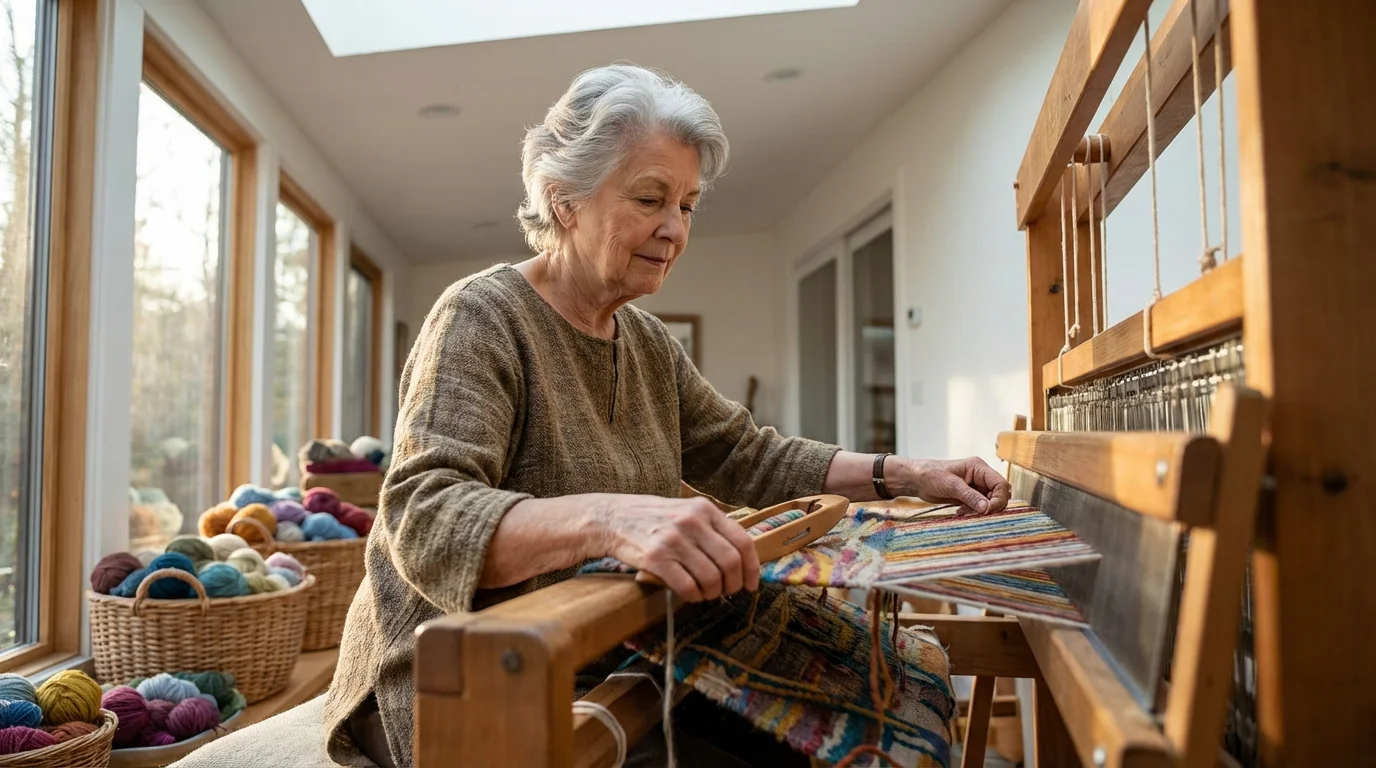 Low angle view of a senior woman weaving a colorful tapestry on a wooden loom.