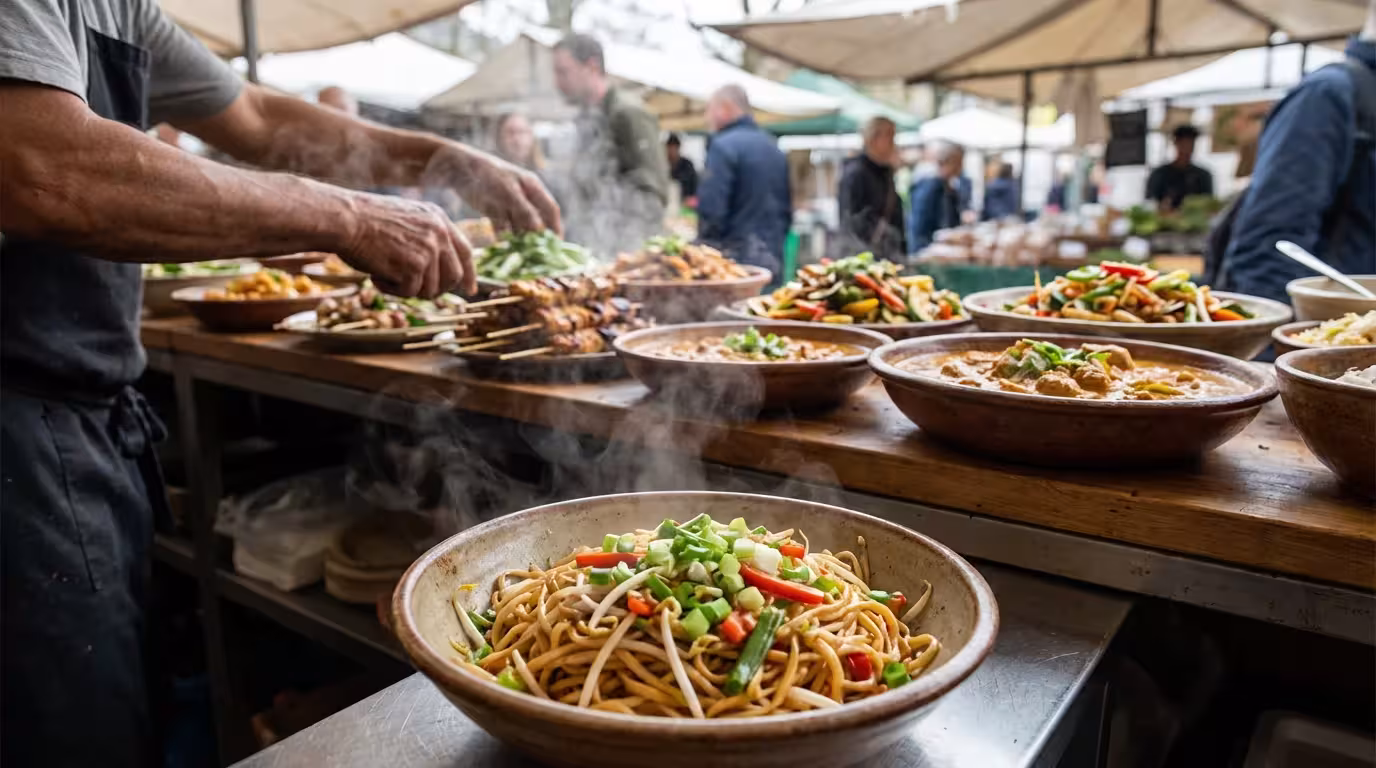Low angle view of a vibrant street food stall with delicious, steaming noodles.