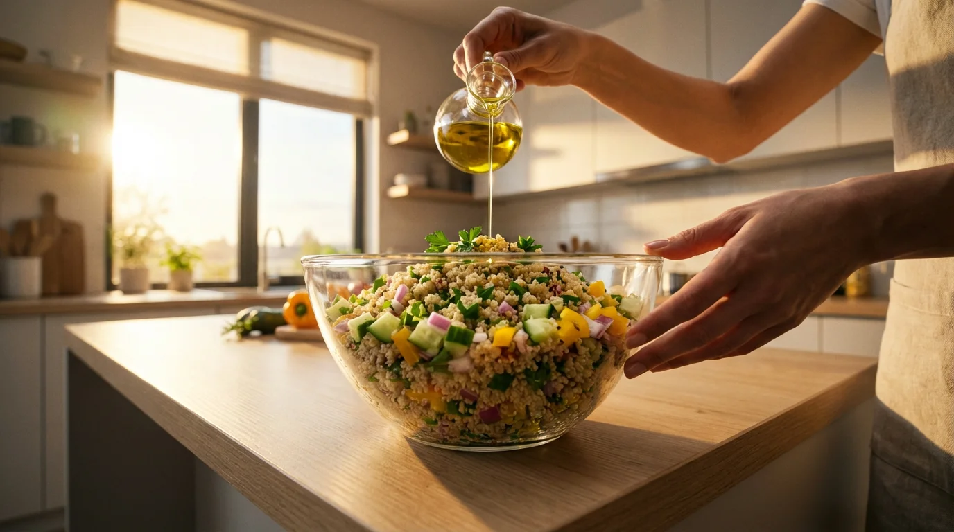 Low angle view of hands drizzling olive oil into a vibrant quinoa salad.