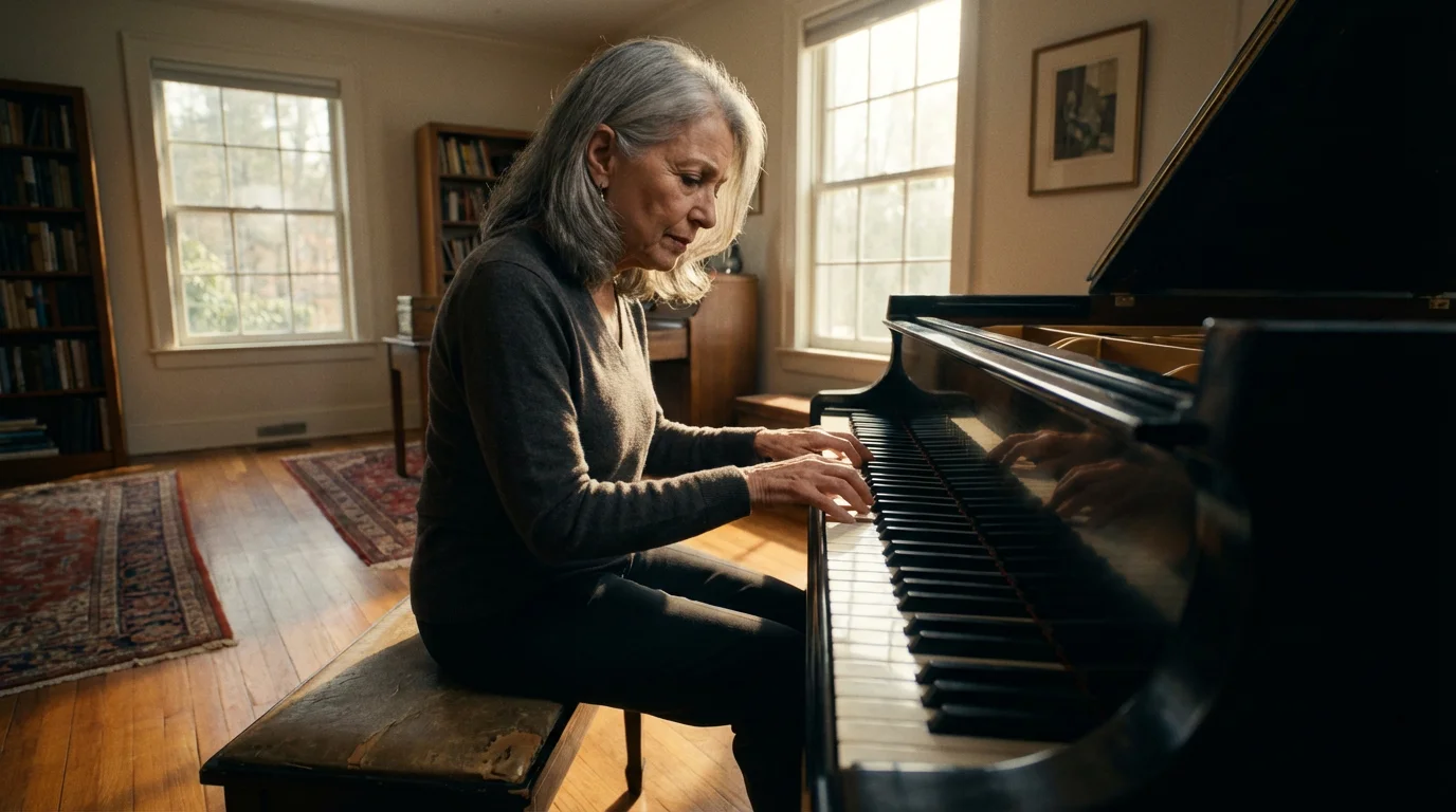 Low angle view of senior woman playing a grand piano in sunlit room.