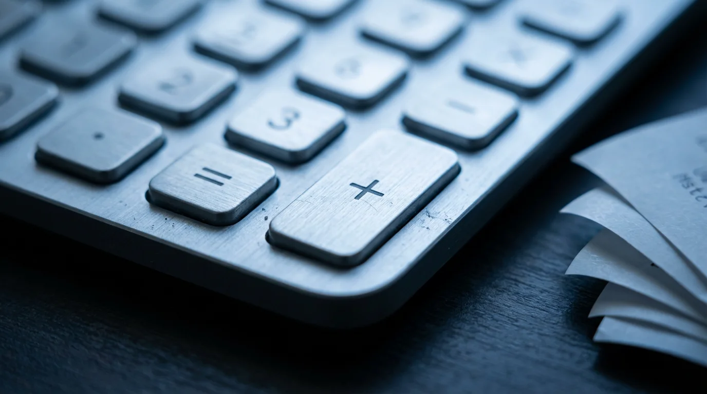 Macro close-up of a calculator plus button and blank receipts during blue hour.
