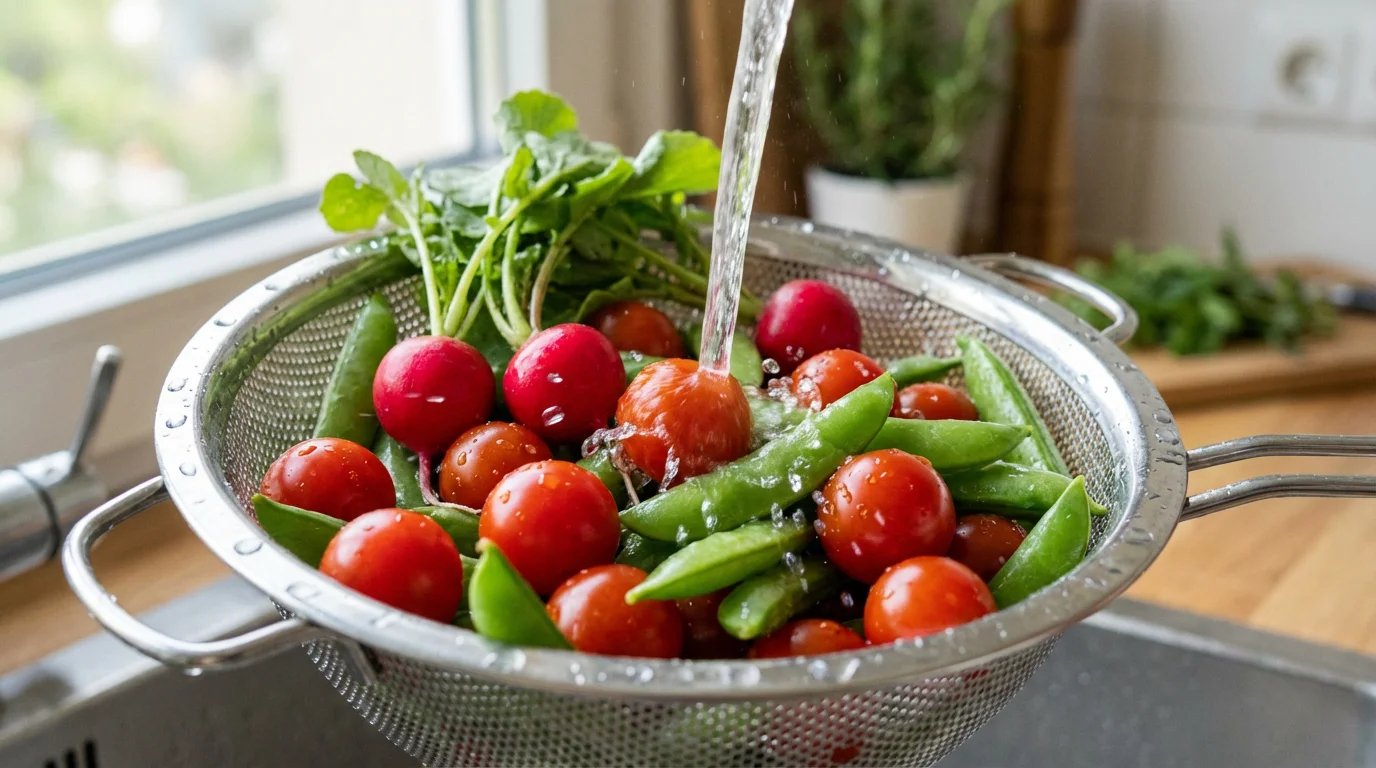 Macro close-up of colorful, freshly washed garden vegetables in a colander by a window.
