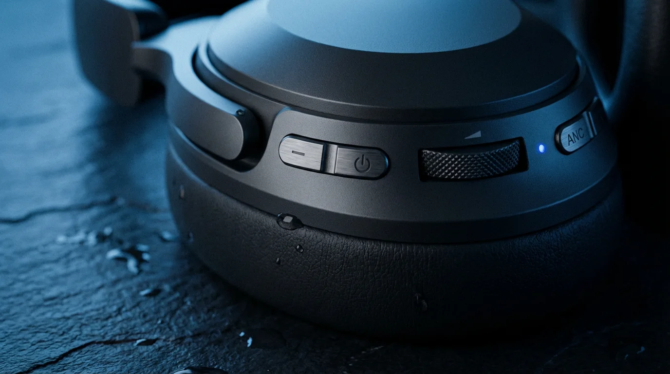 Macro close-up of modern noise-canceling headphones on a desk during blue hour.