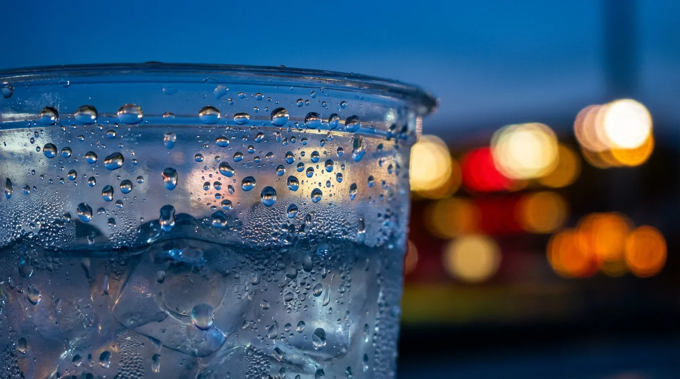 Macro photo of a cold drink cup with condensation at a stadium during twilight.