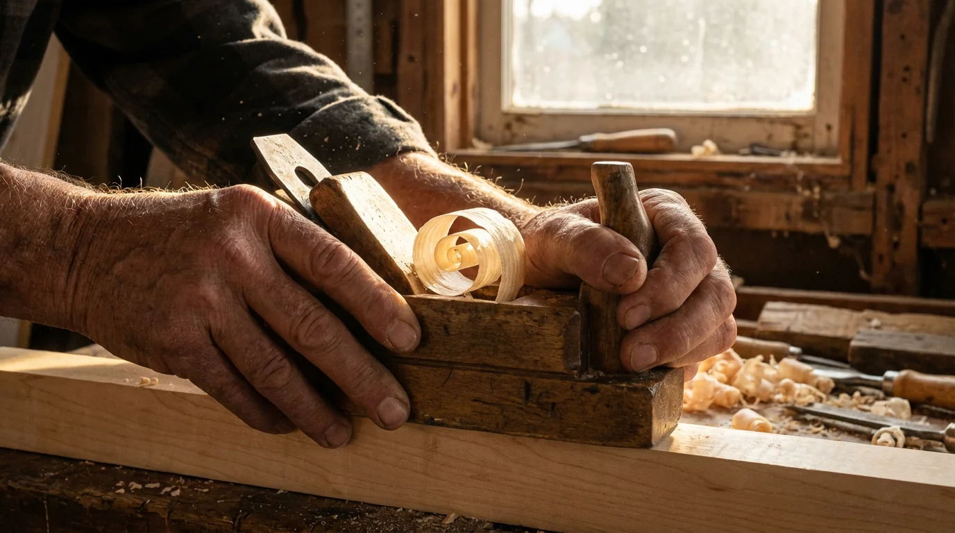 Macro photo of a senior woodworker's hands using a hand plane on a plank.