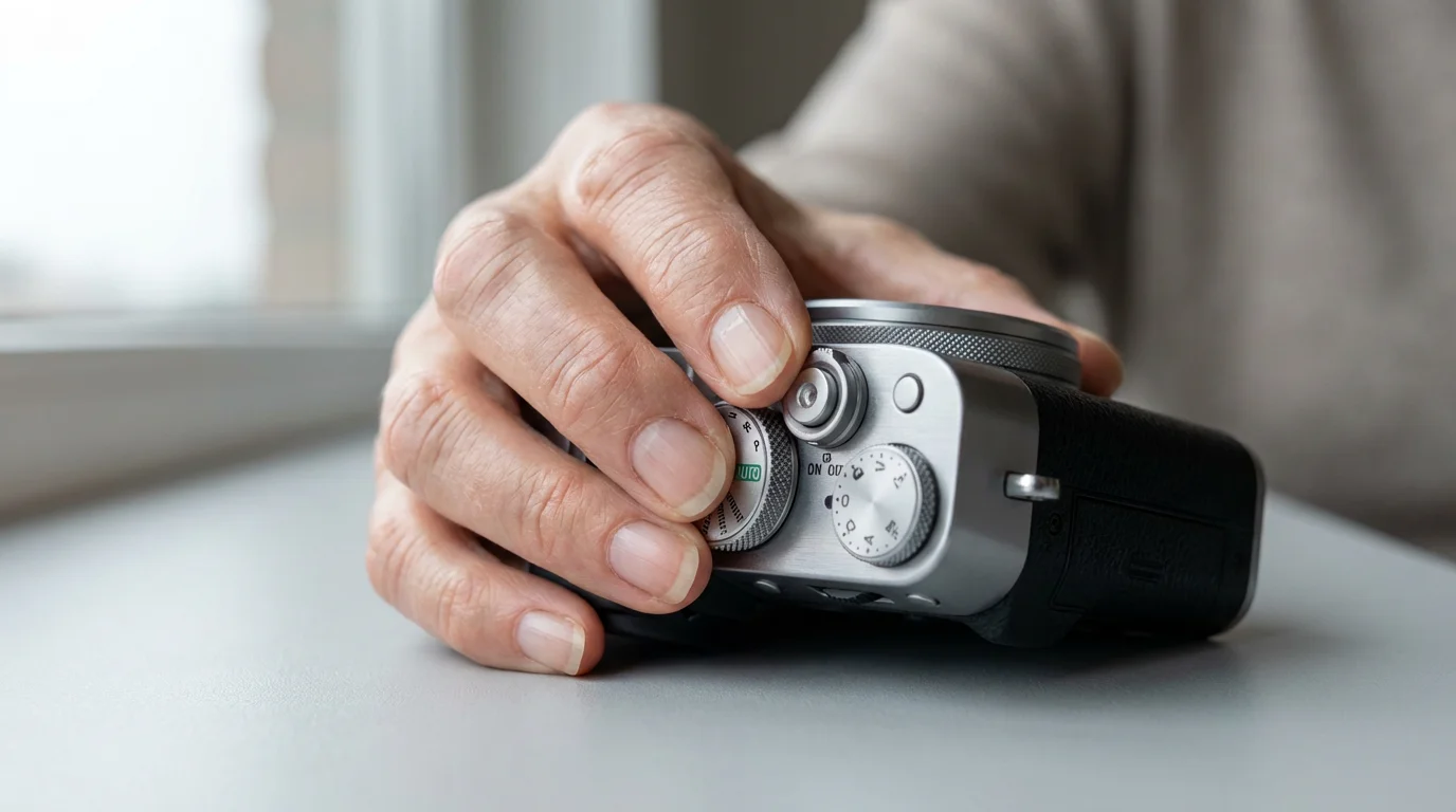 Macro photo of a senior's hand adjusting the easy-to-use mode dial on a compact camera.