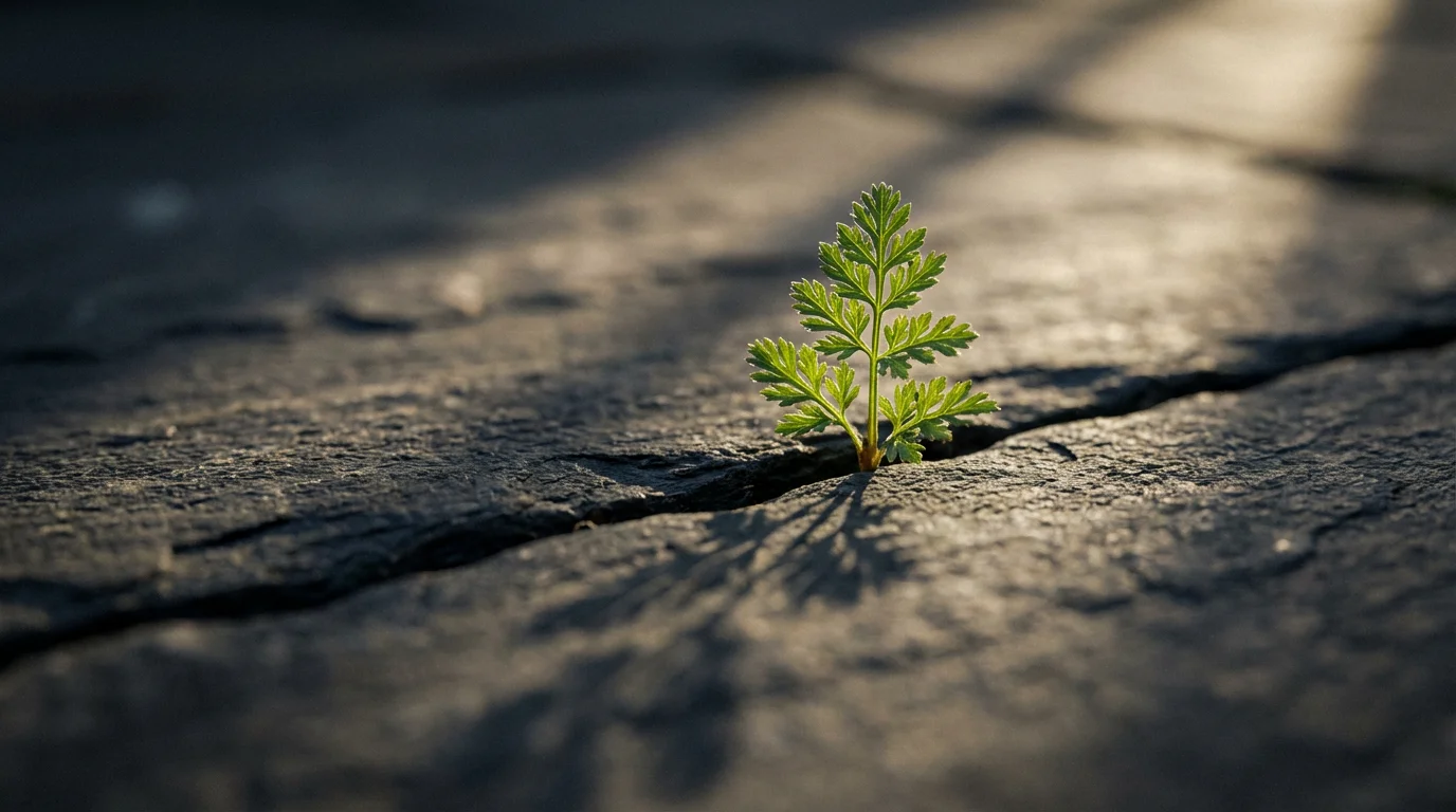 Macro photo of a small green plant sprout growing through a crack in stone.