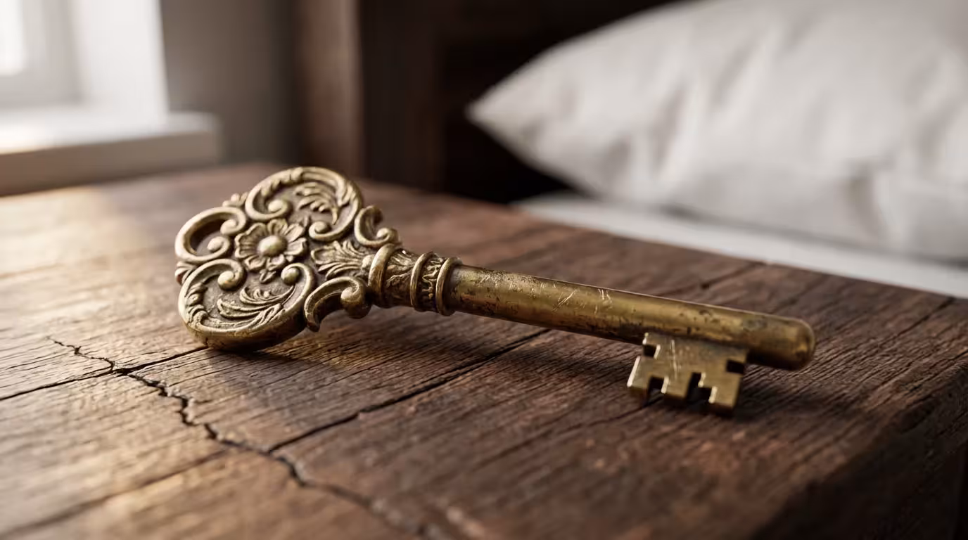Macro photo of a vintage brass key resting on a rustic wooden nightstand.