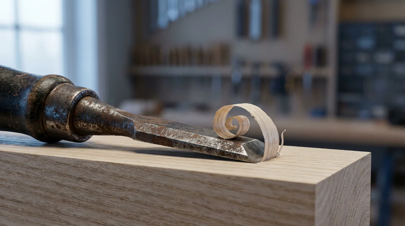 Macro photo of a vintage chisel carving a curl from a new block of wood.