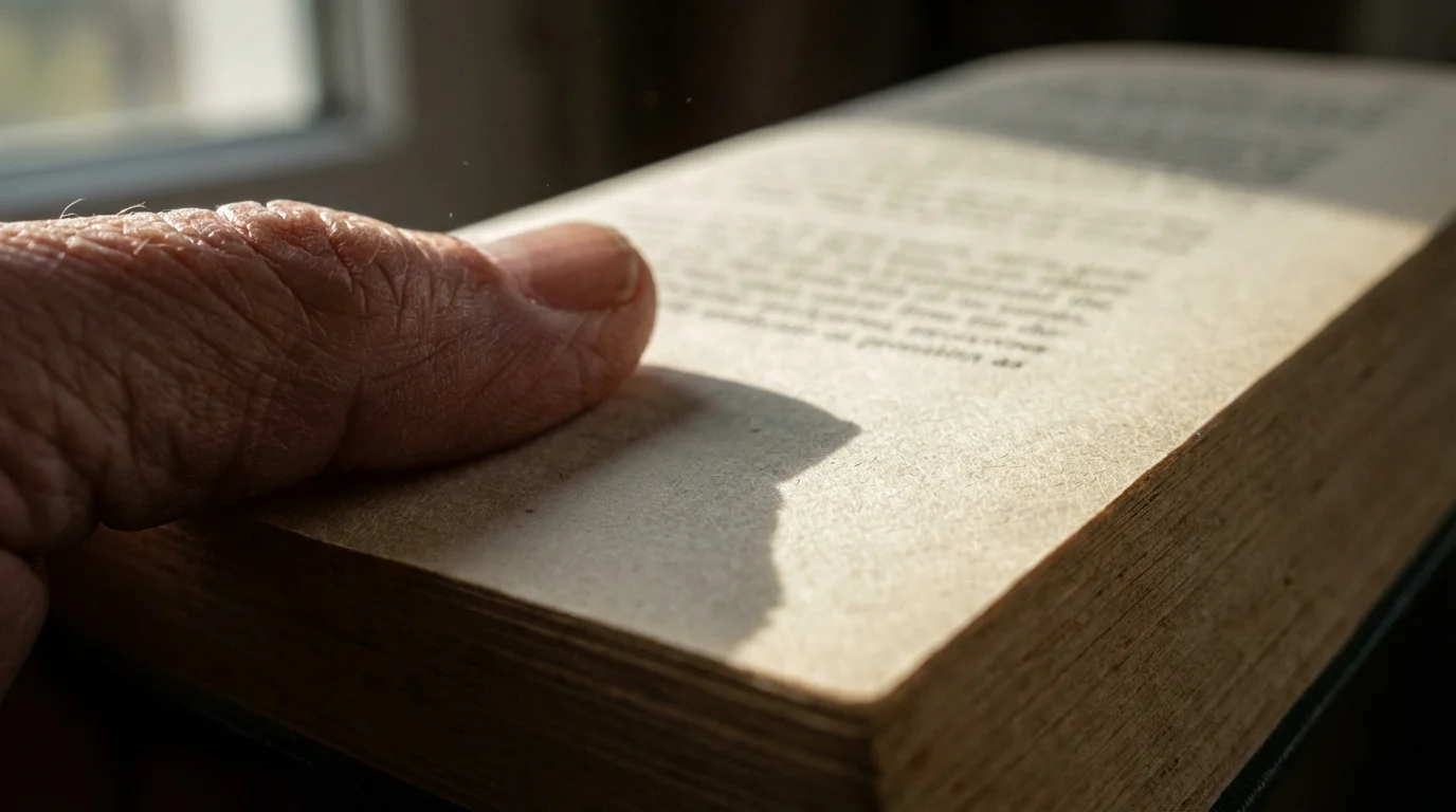 Macro photo of an older person's finger on a book page in moody afternoon light.