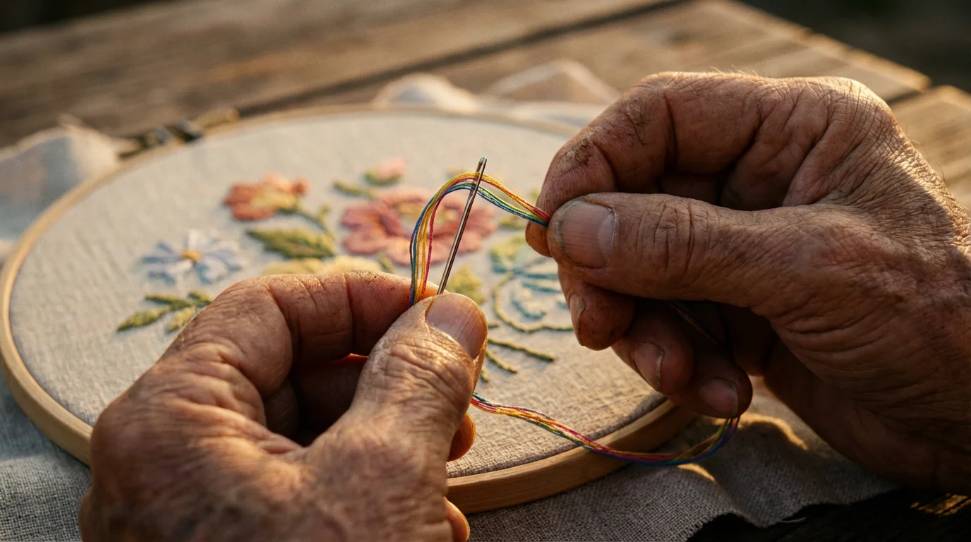Macro photo of hands threading a needle with colorful silk for an embroidery project.