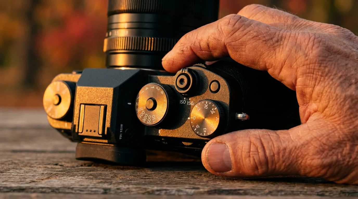 Macro photograph of a camera's dials with a senior's hand resting nearby during sunset.