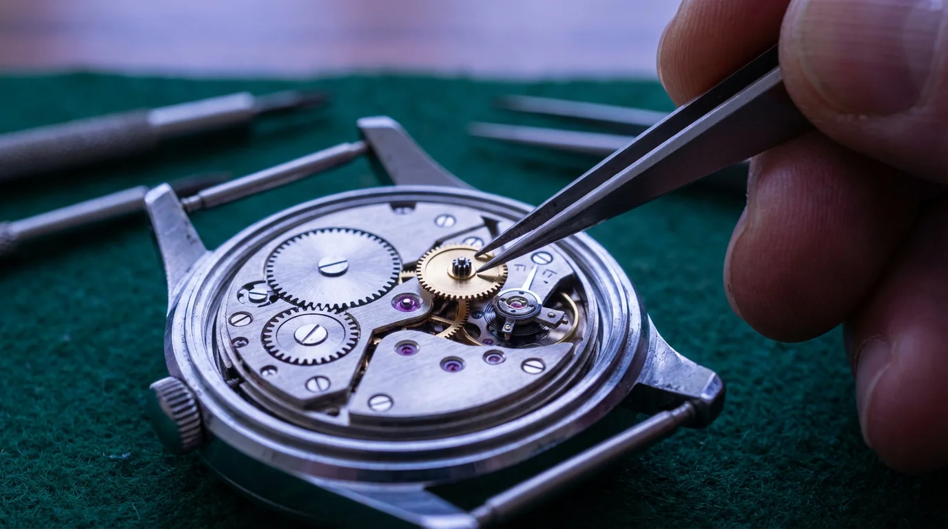 Macro photograph of a hand using tweezers to place a gear in a watch.