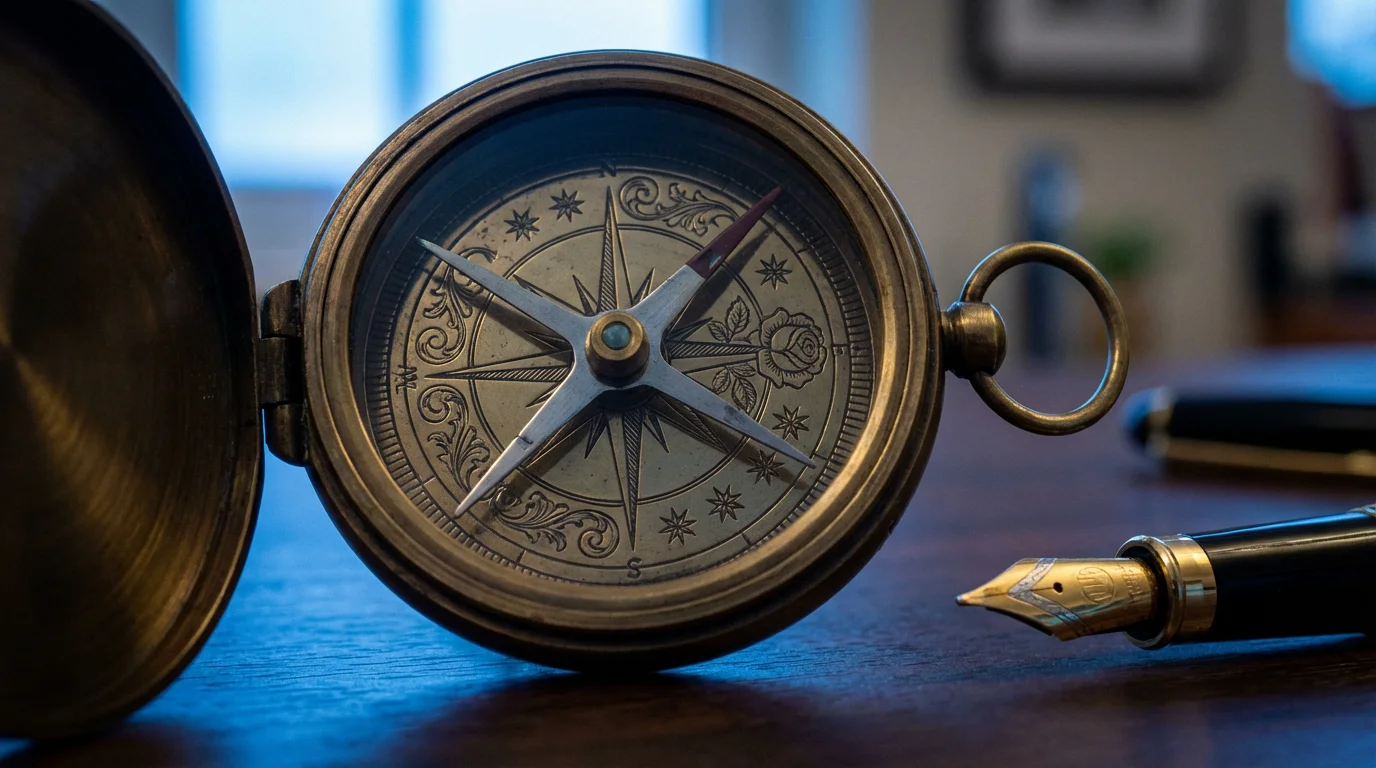 Macro photograph of a vintage brass compass on a desk during blue hour.