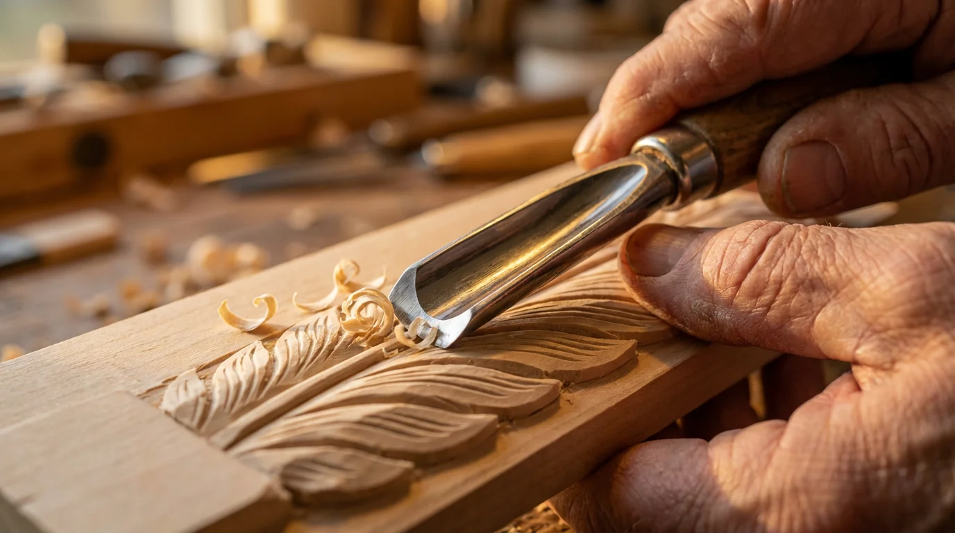 Macro photograph of a wood carving gouge creating a detailed feather in basswood.