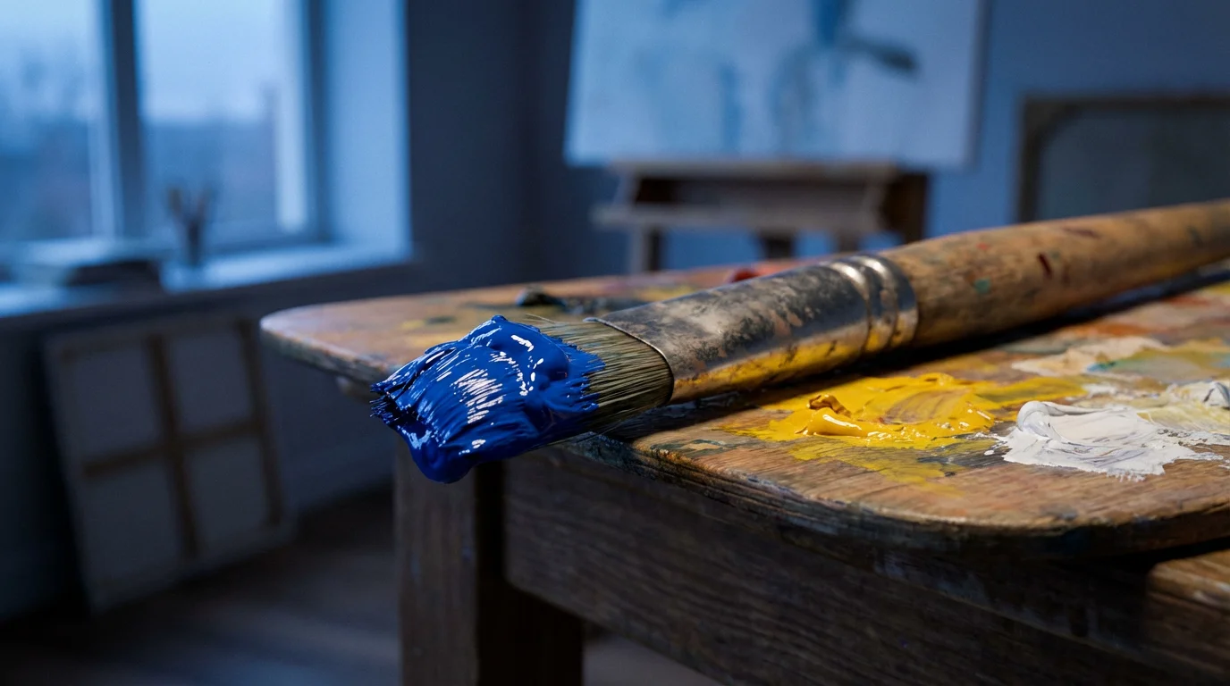 Macro photograph of an artist's paintbrush with blue paint on a wooden palette.