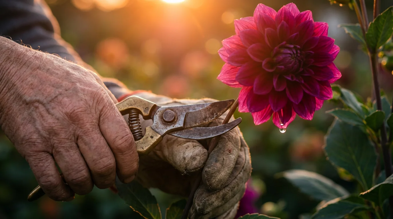 Macro photograph of hands using secateurs to prune a magenta dahlia during golden hour.