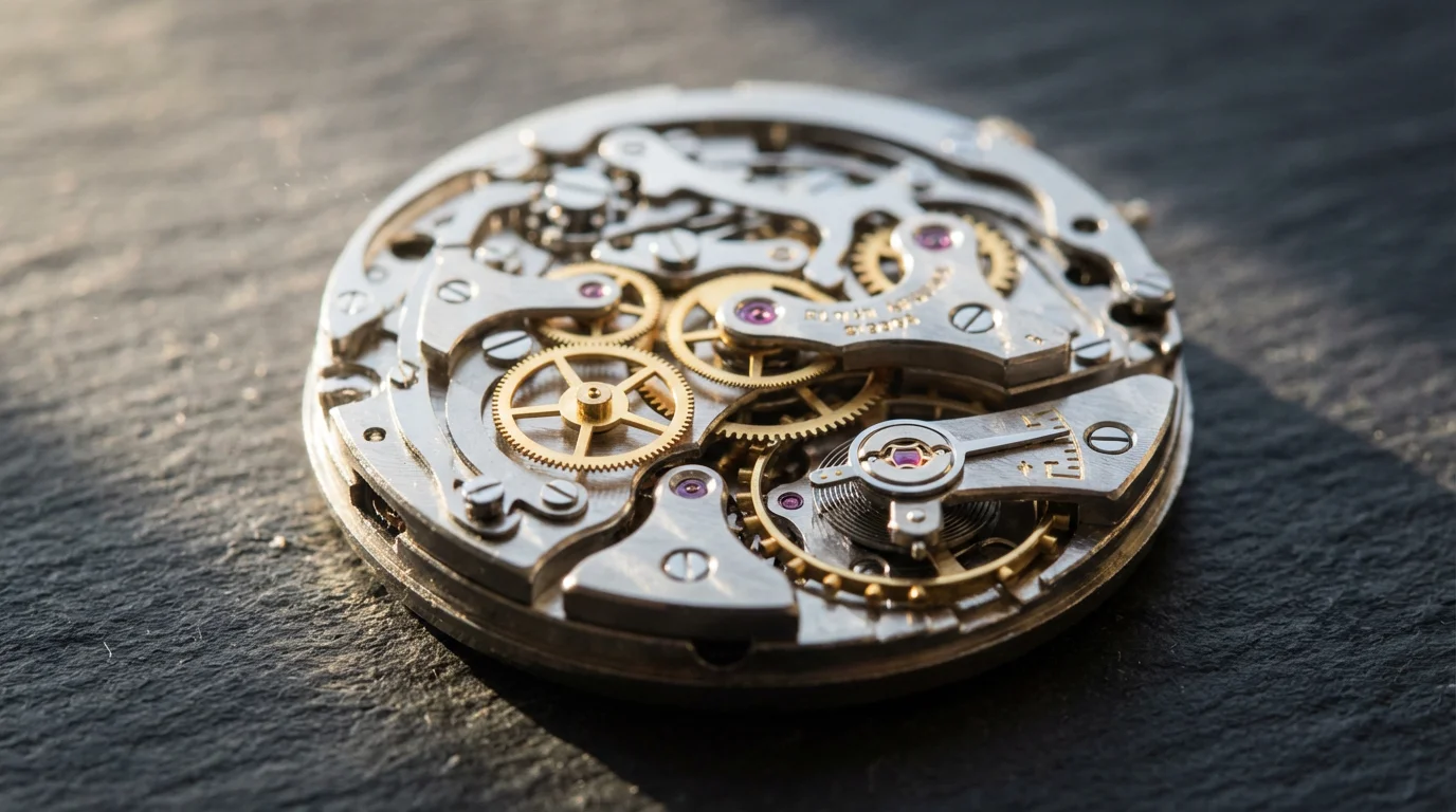 Macro photograph of the intricate gears and jewels inside a mechanical watch mechanism.