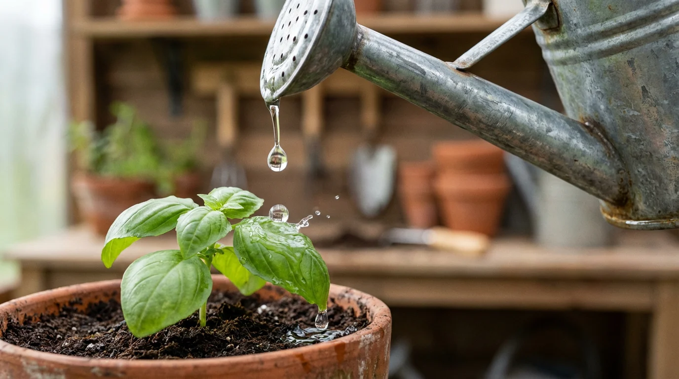 Macro photograph of water from a watering can splashing onto a small basil seedling.