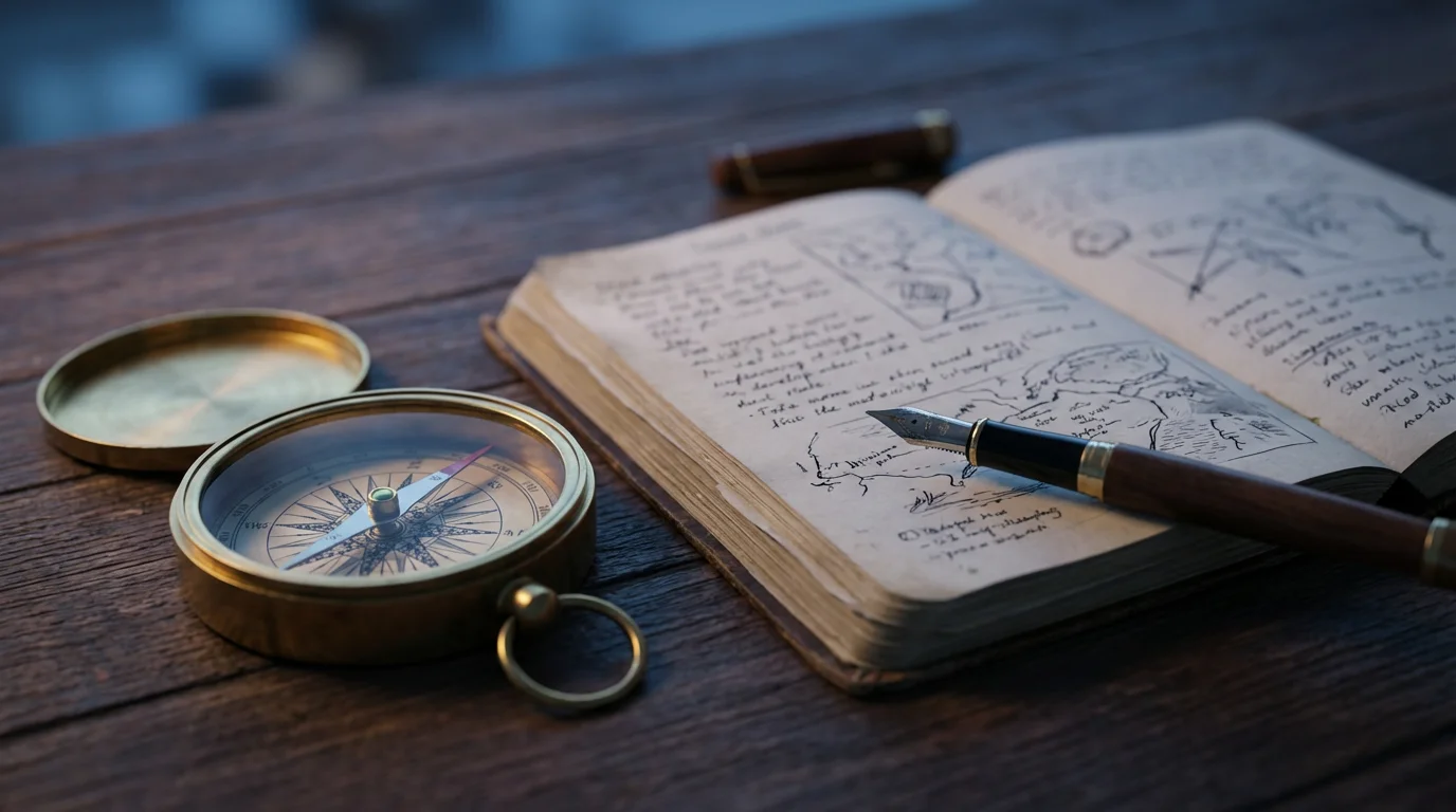 Macro shot of a compass, fountain pen, and notebook for travel planning at dusk.