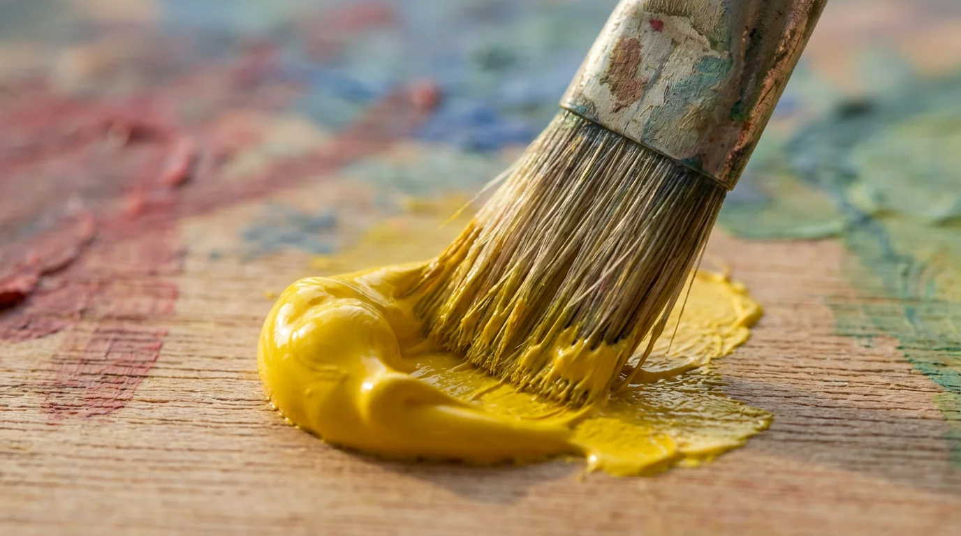 Macro shot of a paintbrush tip being loaded with fresh yellow oil paint.