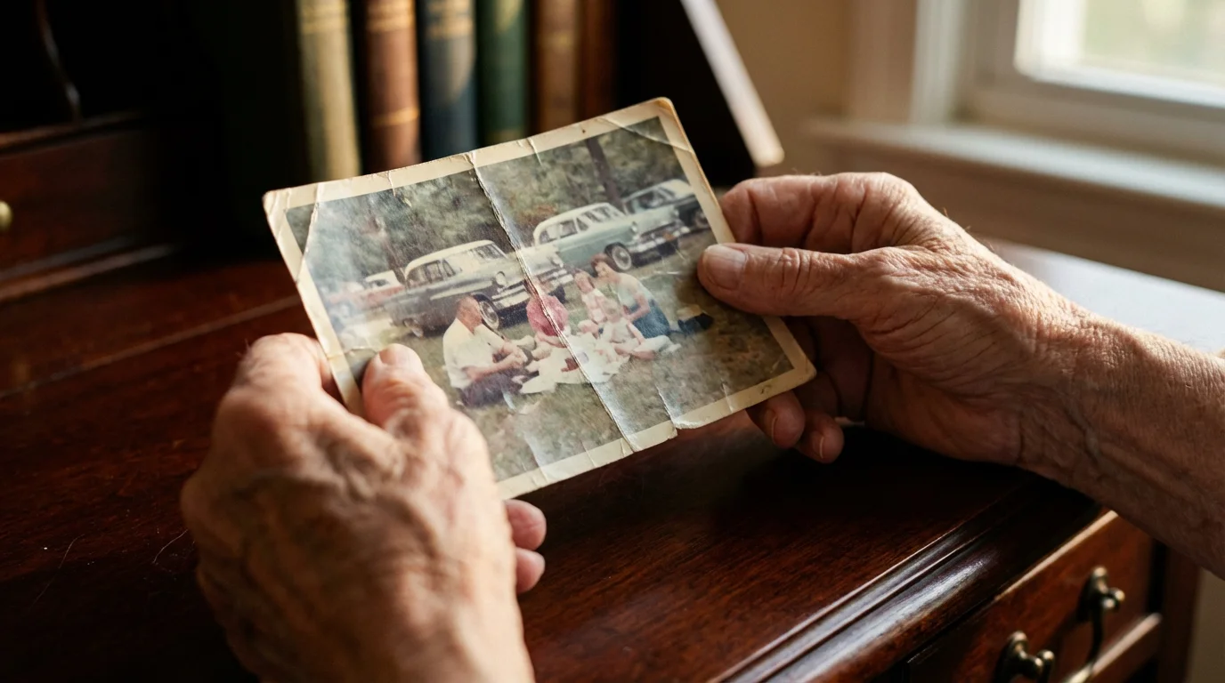 Macro shot of elderly hands holding a vintage photograph on a wooden desk.