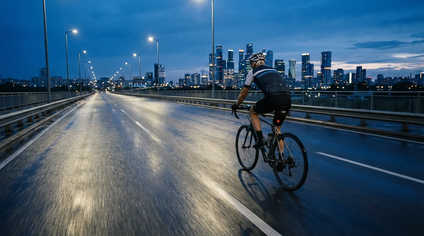 Man cycling on an overpass, leaving a city skyline behind during blue hour.