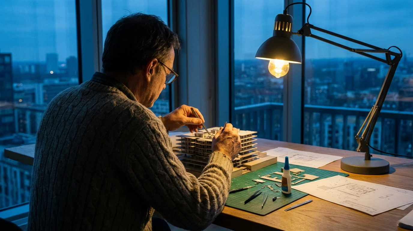 Man from behind at a desk during blue hour, carefully building an architectural scale model.