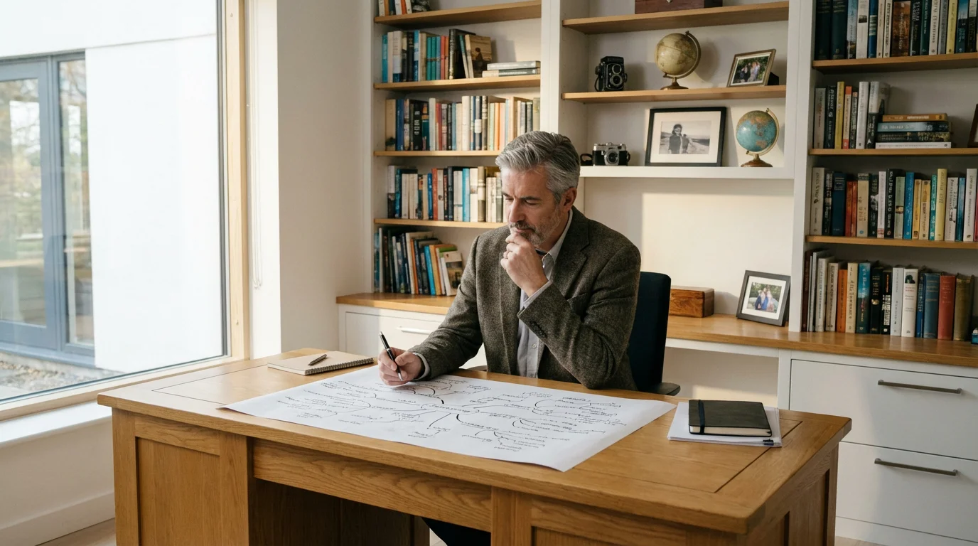 Man in a sunlit home office at a desk, planning his second career.