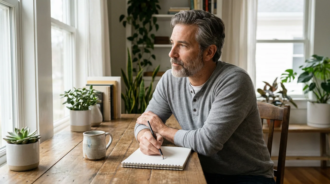 Man in his 50s sits at a desk with a sketchbook, looking out a window.