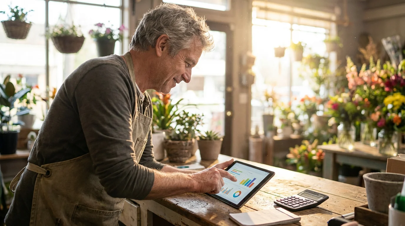 Man in his 60s at a flower shop calculating finances for his second career.