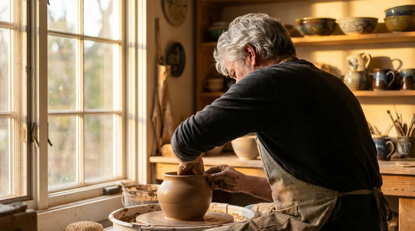 Man in his 60s shaping a clay pot on a potter's wheel in a sunlit studio.