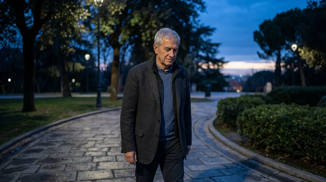 Man in his 70s practicing mindful walking on a park path at dusk.