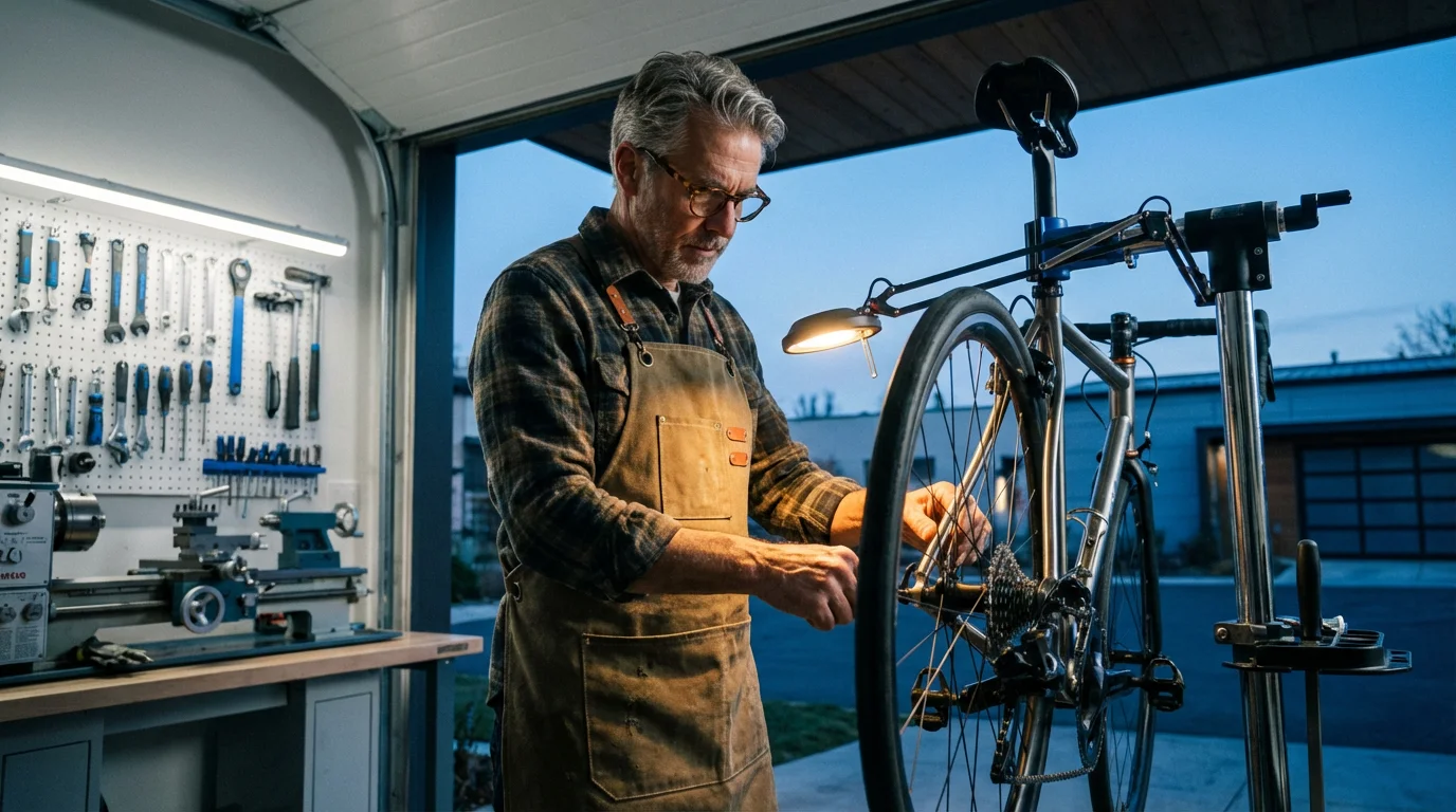 Man in his late 50s works on a bicycle in a modern workshop at dusk.