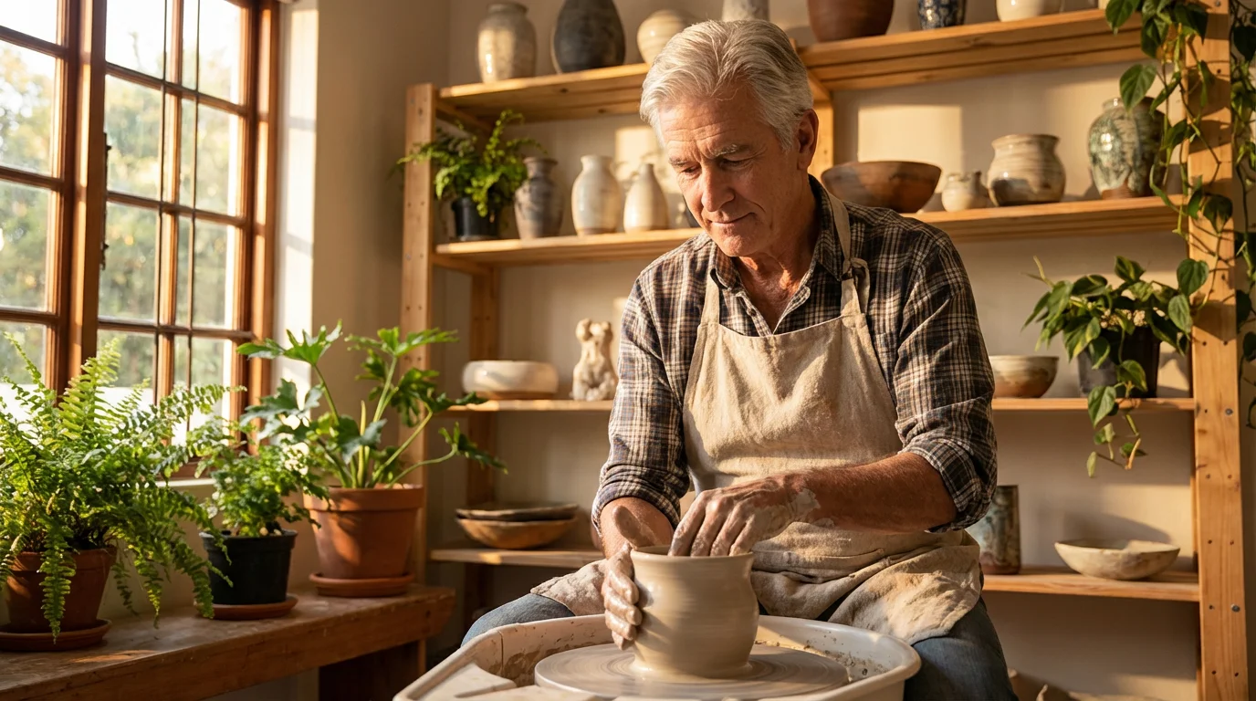 Man in his late 60s creating pottery on a wheel in his sunlit studio.