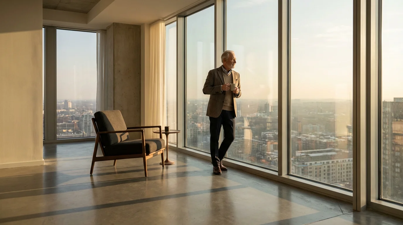 Man in modern minimalist apartment enjoying city view, symbolizing financial freedom in retirement.