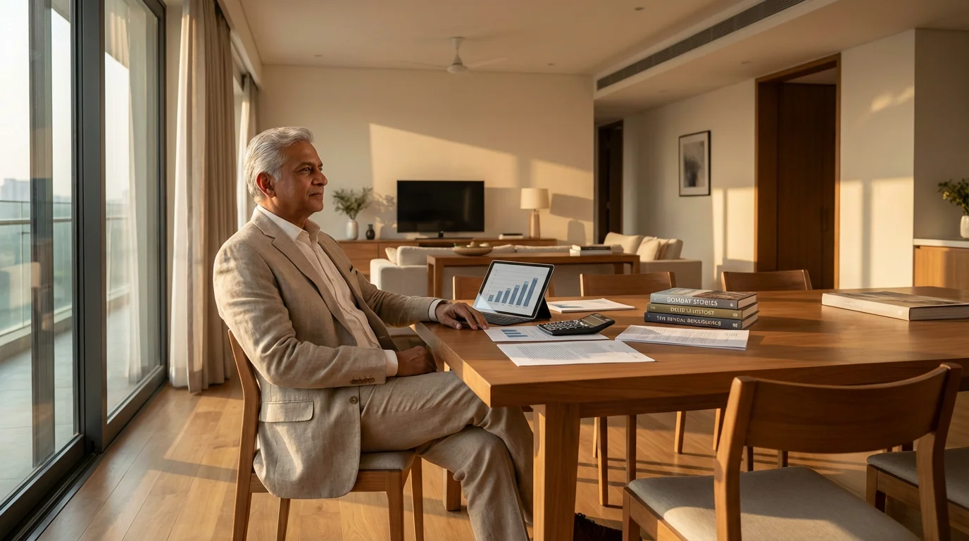 Man plans his finances at a table in a modern home during golden hour.