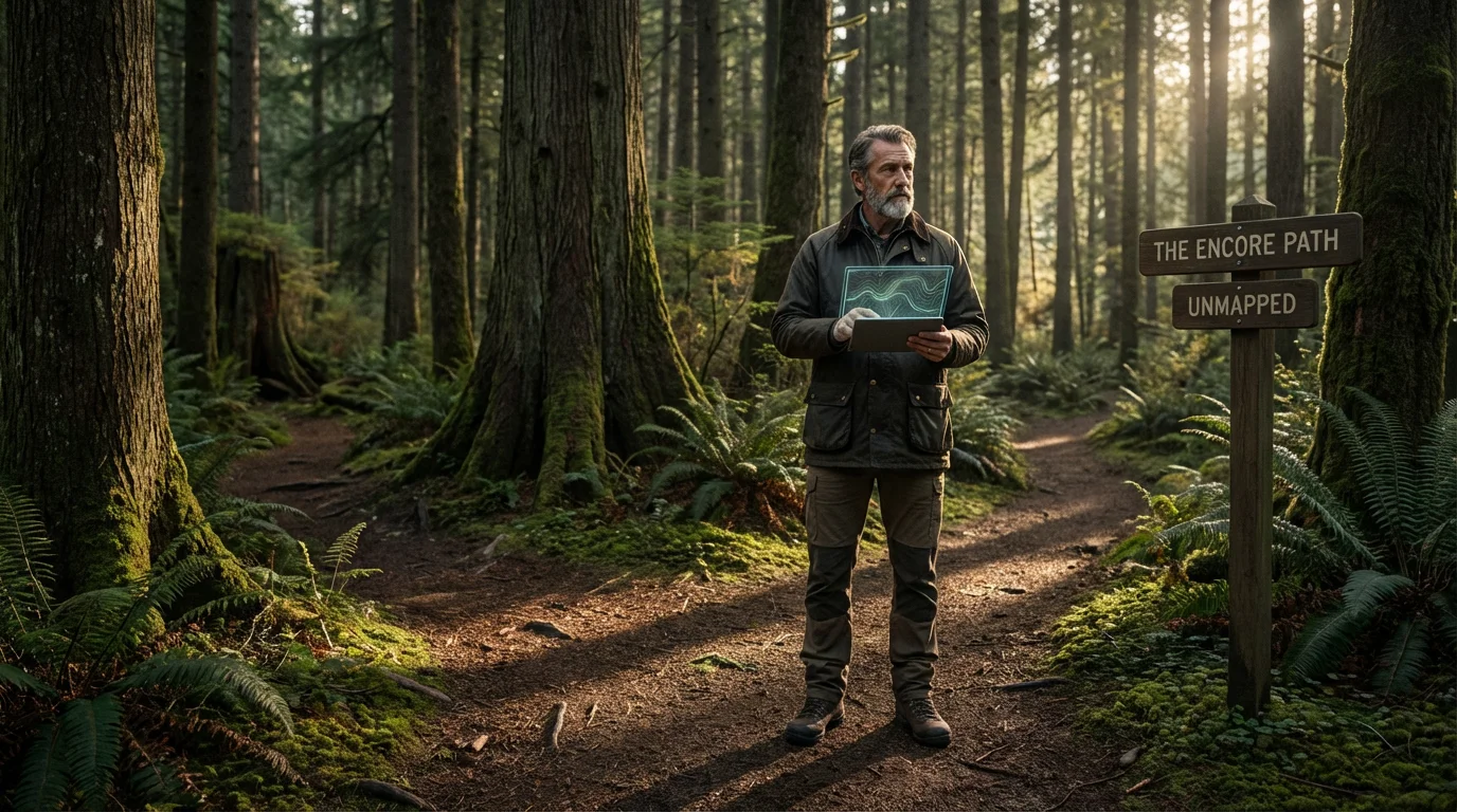 Man with a map on a forest trail, navigating his next career path.