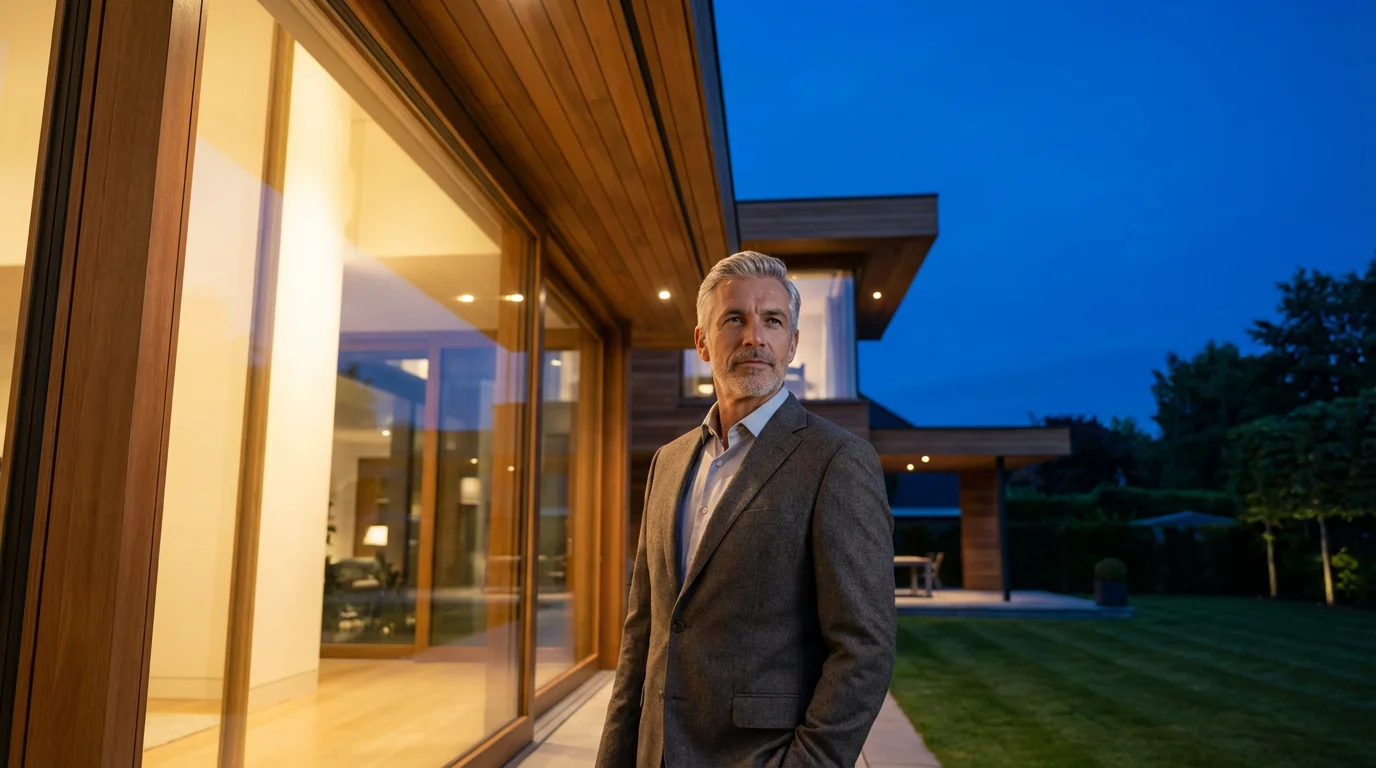 Mature man in professional attire looking out the window of a modern home at dusk.
