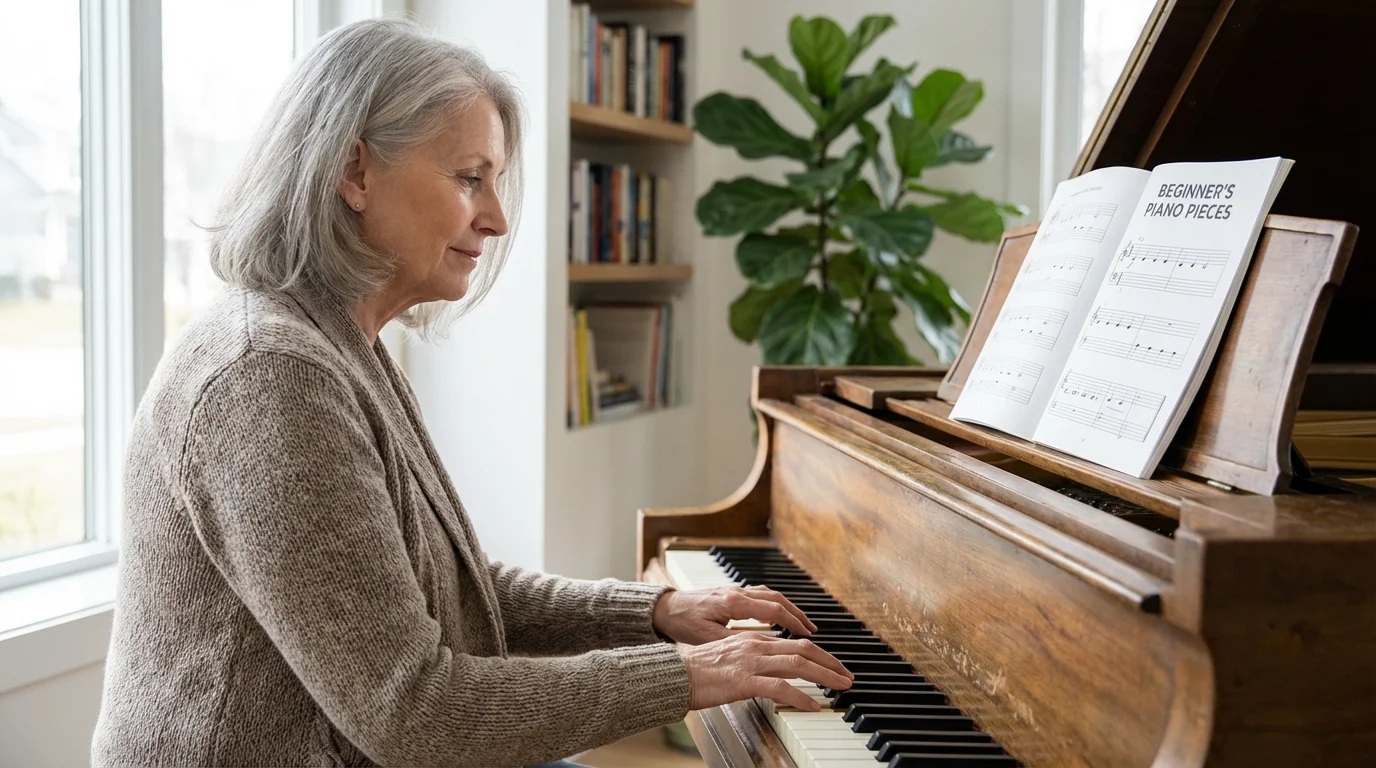 Mature woman learning to play the piano in a bright room with natural light.