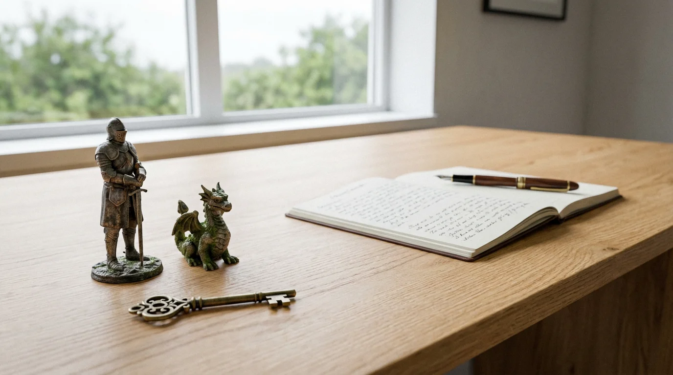 Miniature figurines of a knight and mythical creature on a writer's desk for inspiration.