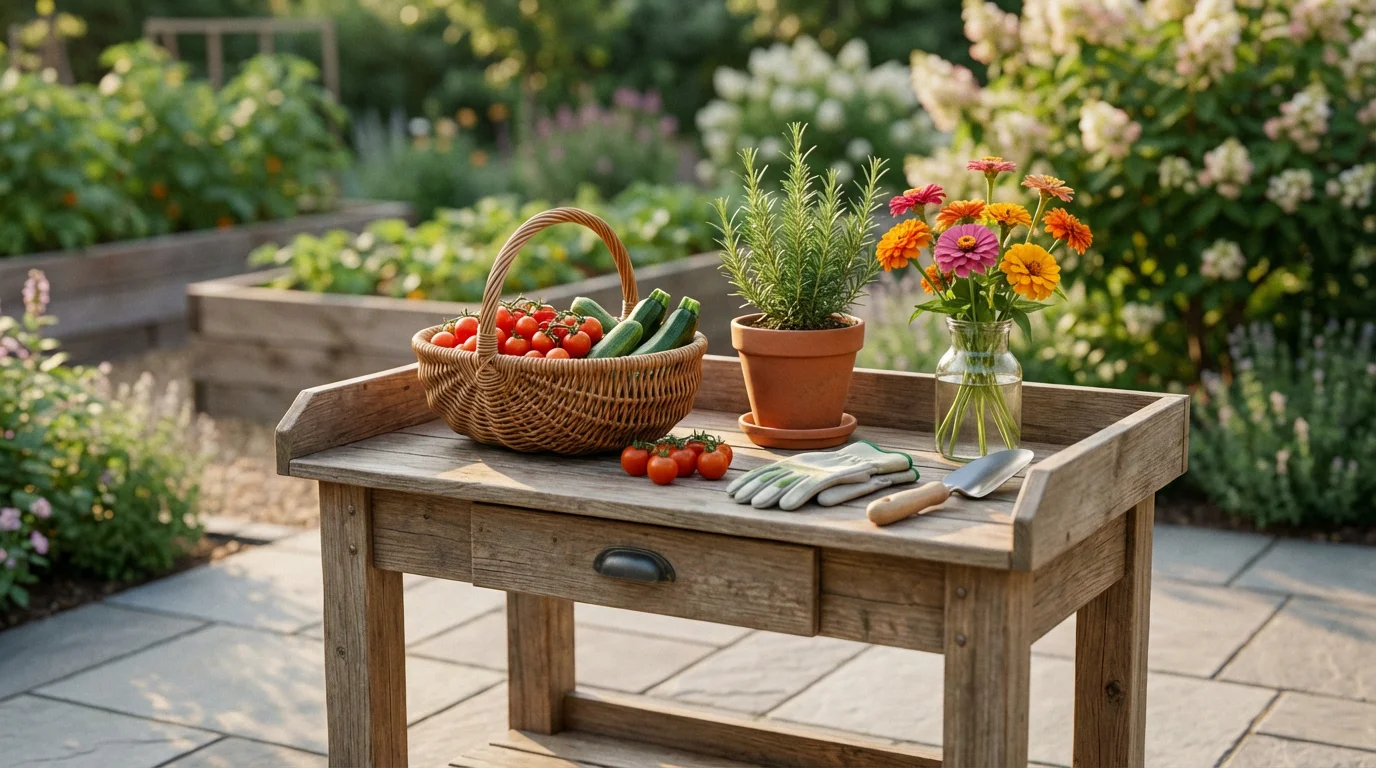 Morning harvest of easy-to-grow vegetables, herbs, and flowers on a garden table.