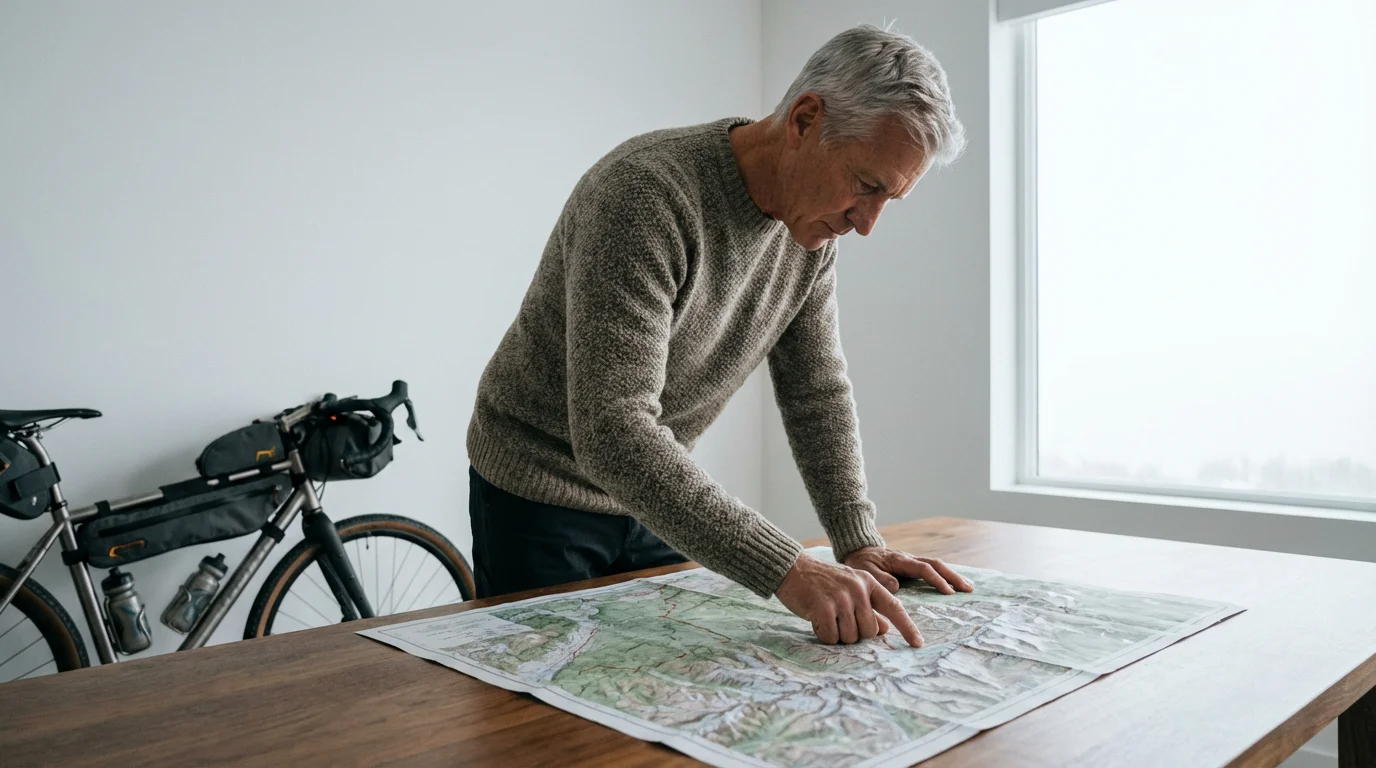 Older man in a study thoughtfully planning a cross-country cycling route on a map.