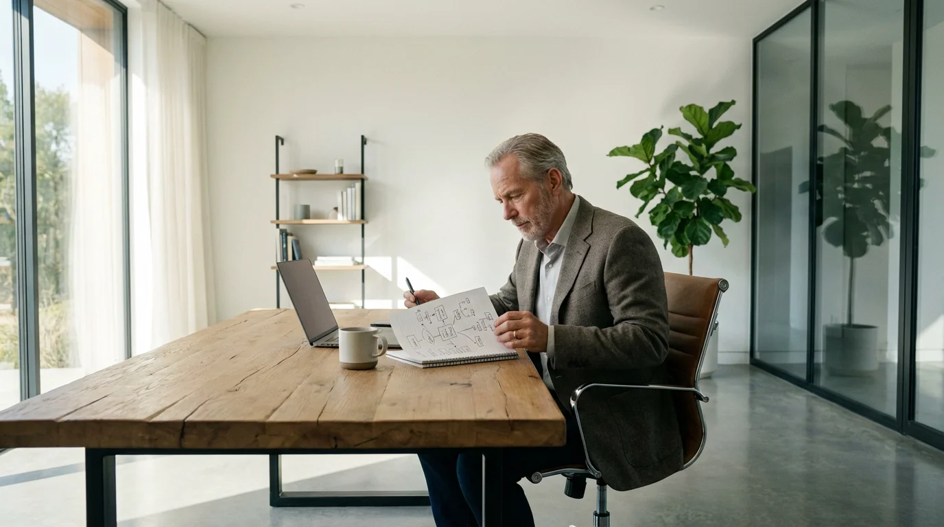 Older man in a sunlit home office strategically planning a new business venture.