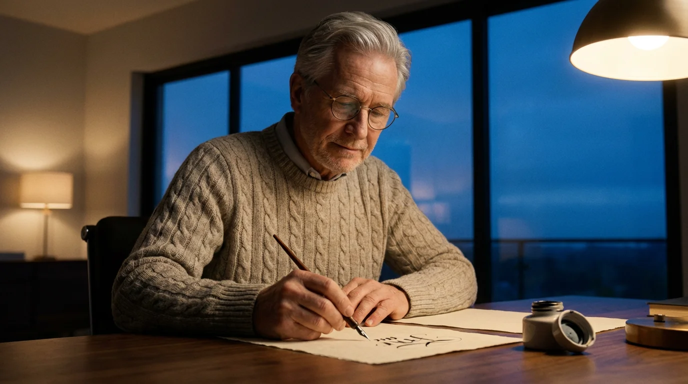 Older man practicing calligraphy with a dip pen at his desk during twilight.