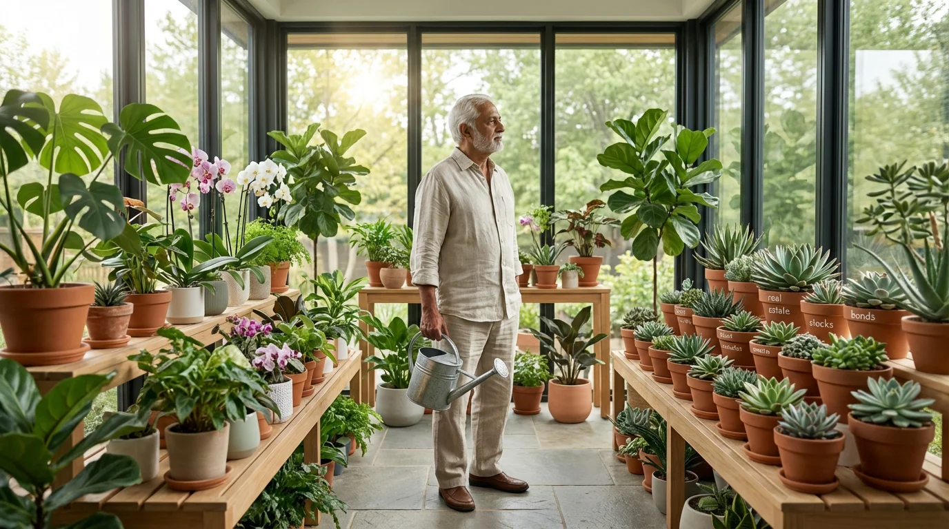 Older man thoughtfully observing his diverse collection of plants in a modern, sunlit greenhouse.