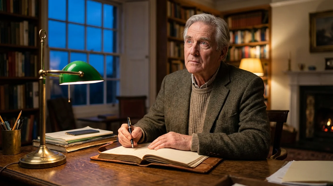Older man writing in a journal at his desk in the evening light.