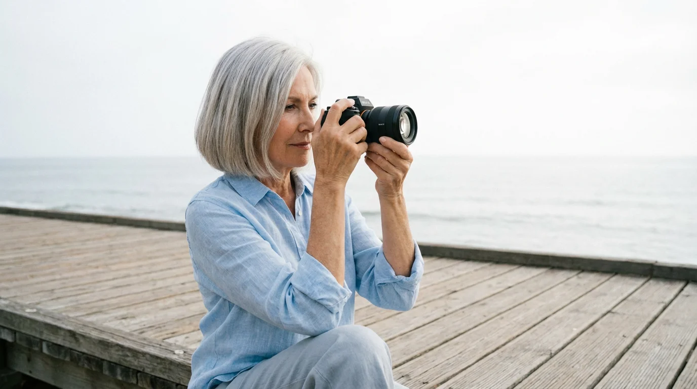 Older woman composing a photograph with a camera on a coastal boardwalk.