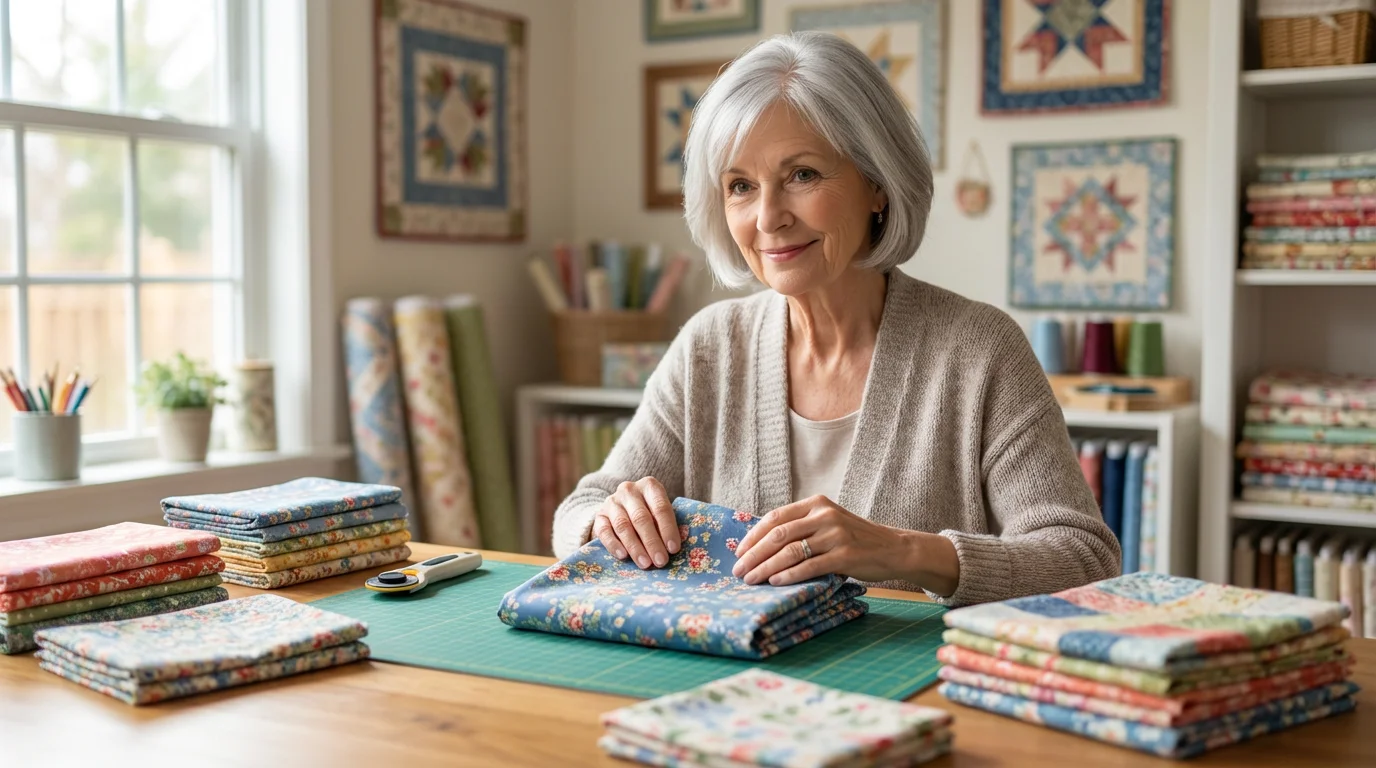 Older woman in sunlit room thoughtfully choosing colorful fabrics for a quilting project.