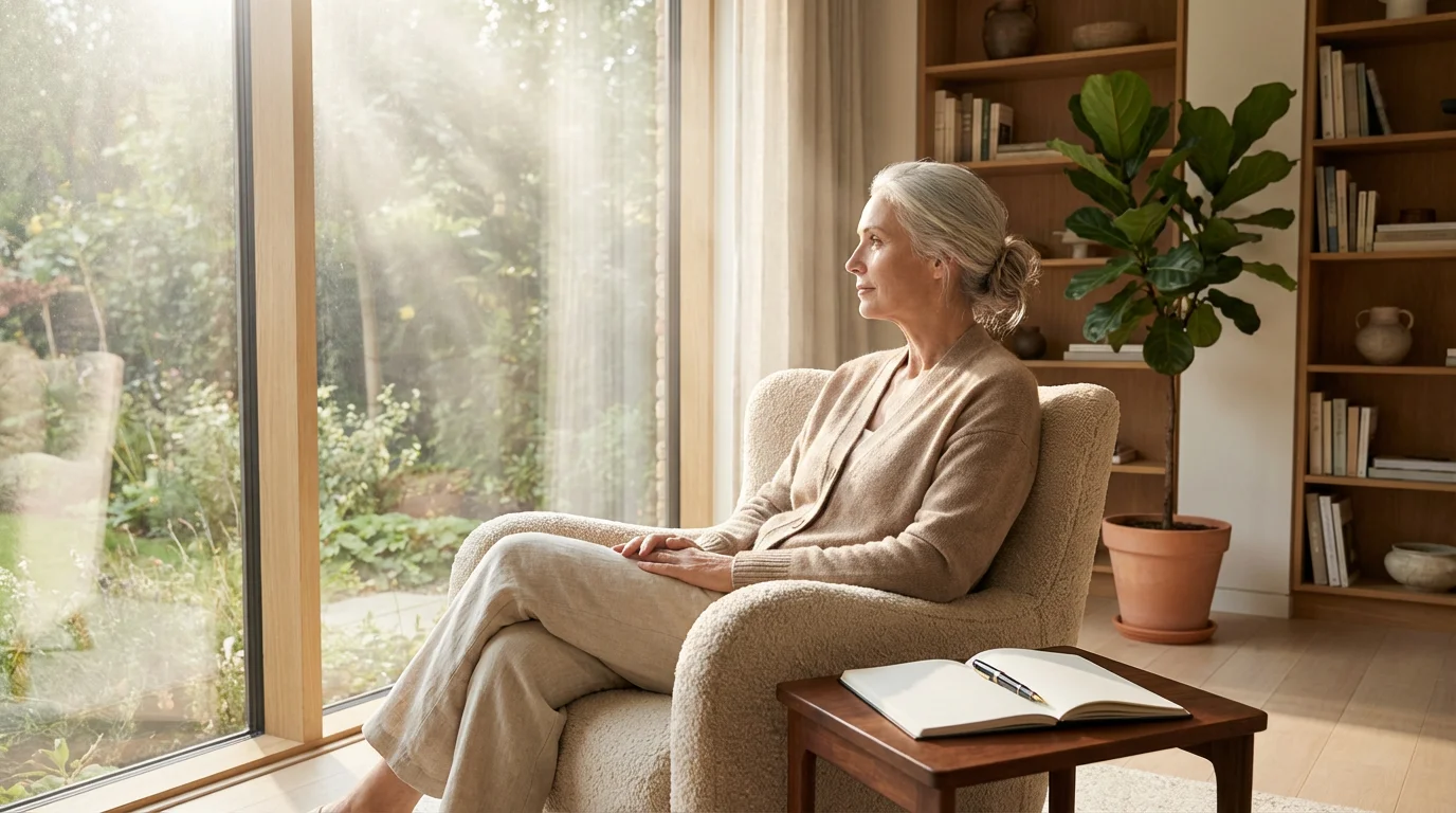 Older woman looking out a window, with a blank notebook ready for writing poetry.